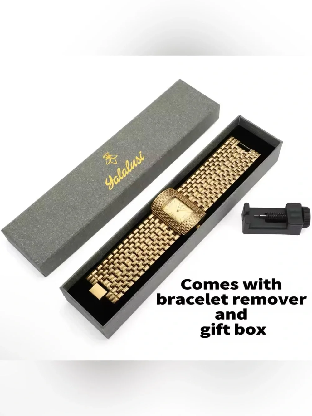 YaLaLuSi Gold Tone Rectangular Rhinestones Bracelet Watch with Black Dial